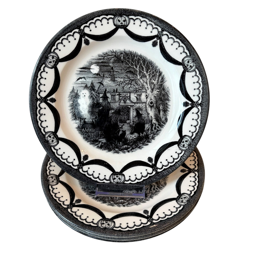 Royal Stafford Halloween Salad Plates 8.5in Porcelain Set of 2 Full Moon BOO New